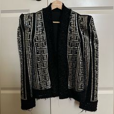 Nwot Beaded Mirror Jacket With Sparkle Wool-Like Trim. No Size, But Fits Like A Small. It Is Heavy-- This Is An Attention Grabber--All Eyes On You! It Screams Las Vegas-- Fun And Energetic Piece! No Known Flaws, Never Worn. Edgy Black Leather Jacket With Rhinestone Rivets, Black Leather Jacket With Rhinestone Rivets, Mirror Jacket, Rhinestone Jacket, Black Rhinestoned Long Sleeve Outerwear, Black Long-sleeved Studded Outerwear, Black Long-sleeved Outerwear With Tassels, Vegas Fun, Beaded Mirror