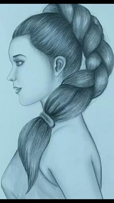 a drawing of a woman's face with her hair in a ponytail, looking to the side