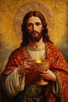 a painting of jesus holding a bowl with gold in his hand and wearing a red robe