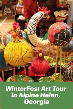 an advertisement for the winterfest art tour in alpine helen, georgia with chickens and roosters