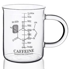 a glass coffee mug with caffeine on the inside and in the outside side