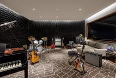 a living room filled with furniture and musical instruments