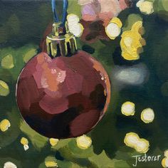 Close up of a painting of a red bauble on blurry background of Christmas tree with fairy lights. Painting Of A Hand, Tree With Fairy Lights, Cactus Paintings, Painted Christmas Cards, Fall Canvas Painting, Diy Christmas Paintings, Christmas Paintings On Canvas, Fall Canvas, Christmas Tree Painting