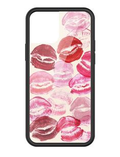 an iphone case with lipstick prints on the front and back, in pinks and reds