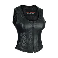 Features: * Fully Lined With 100% Polyester * 2 Front Slash Zippered Pockets * 1 Zippered Pocket On The Right Side Of The Inside And A Cell Phone Or Small Pocket On The Left Side * 9" Drop From The Back To The Front To Show Cleavage * Made Of Premium Leather * Zippered Front * Vest Is Cut Longer Especially In The Front For Ladies Who Do Not Want The Belly To Show When They Wear A Vest. Black Leather Vest Vintage, Women Leather Vest, Womens Black Vest, Black Leather Vest, Motorcycle Vest, Biker Outfit, A Cell, Motorcycle Outfit, Biker Leather