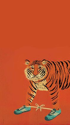 a painting of a tiger walking across an orange background with blue shoes on the ground