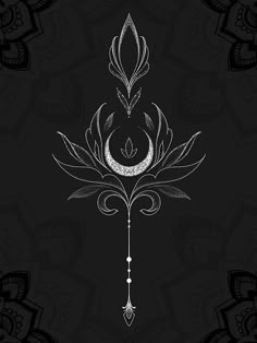 a black and white drawing of a flower on a dark background with an ornate design