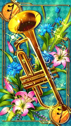 an illustration of a golden trumpet surrounded by flowers and butterflies on a blue checkered background