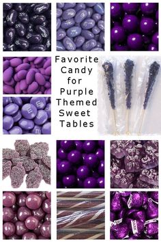 purple and white candies are shown in this collage with the words favorite candy for purple themed sweet tables