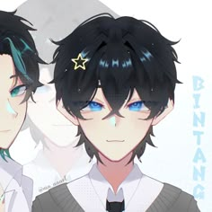 two anime boys with blue eyes and black hair