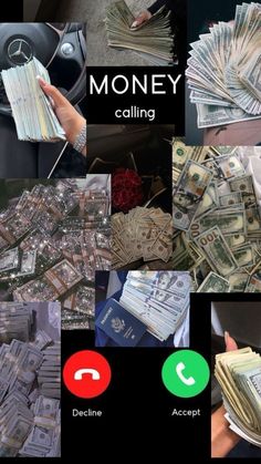 collage of money images with the words money calling above them and below it is a phone call button