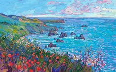 a painting of the ocean with rocks and flowers