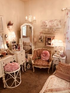 a room filled with lots of furniture and decor on top of carpeted flooring