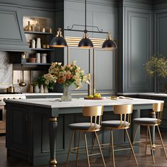 a kitchen with gray cabinets, gold accents and bar stools in front of the island