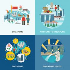 four flat icons with the symbols of singapore and singapore