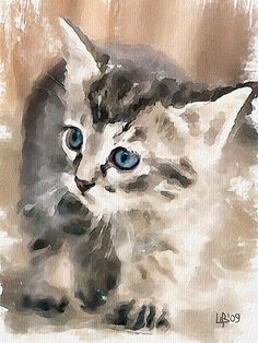 a watercolor painting of a kitten with blue eyes looking at the camera while laying down