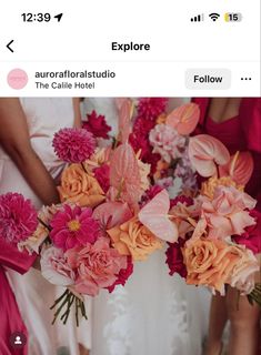 the bridesmaids are holding their bouquets with pink and orange flowers in them