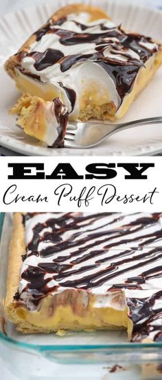 an easy cream puff dessert with chocolate drizzle on top