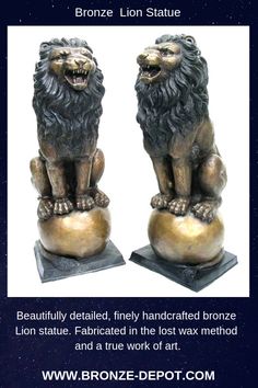 two lion statues sitting on top of each other in front of a white background with the caption bronze lion statue