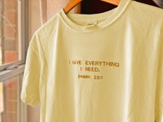 "\"The LORD is my shepherd; I have everything I need.\" Psalm 23 Embroidered Christian T-Shirt This embroidered t-shirt is meant to be a reminder of Psalm 23:1. We can be completely satisfied in God! Color: Banana Yellow tee Fit: Unisex, fits true to size Sizing: S,M,L,XL (other sizes available upon request) Material: Comfort Colors (see more info below) * 100% ring-spun cotton * Fabric weight: 6.1 oz/yd² (206.8 g/m²) * Garment-dyed * Relaxed fit * 7/8″ double-needle topstitched collar * Twill-taped neck and shoulders for extra durability * Double-needle armhole, sleeve, and bottom hems Would you like to personalize this item? Message me for any special requests! It would be my pleasure to serve you. 𝑶𝑼𝑹 𝑴𝑰𝑺𝑺𝑰𝑶𝑵 Third Day Co.'s mission is to provide unique, handmade, quality embr I Have Everything I Need, Christian Embroidery, Psalm 23 1, The Lord Is My Shepherd, Jesus Sweatshirts, Christian T Shirt, Psalm 23