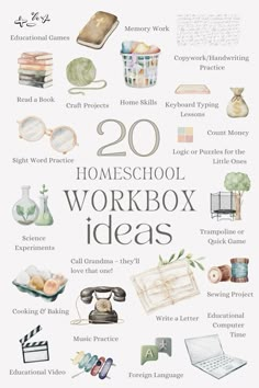 a poster with the words 20 homeschool workbox ideas written in white ink