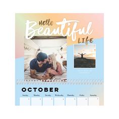 a calendar with an image of a man and woman laying in bed, the date is october