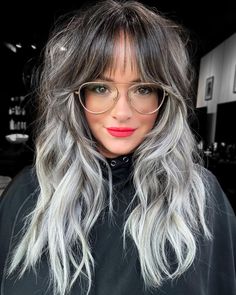 Black to Icy Blonde Ombre Silver Ash Balayage On Dark Hair, Highlights With Peekaboo, Silver Hair Highlights On Black Hair, Black And Grey Hair, Black Hair Ombre, Grey Ombre Hair, Face Framing Curtain Bangs