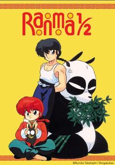 an anime poster with two people and a panda