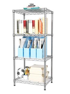 three tier shelving unit with file folders and binders