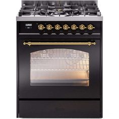 a black stove with gold trim and two burners on the front, and an oven door