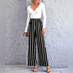 Elegant Striped Wide Leg Pants For Women - Comfortable Elastic Waist Pants For Spring & Summer Black Striped Pants, Jumpsuits Elegant, Snap Pants, Curvy Pants, Casual Linen Pants, Wide Leg Lounge Pants, Tan Legs, Boutique Pants, Wrap Pants