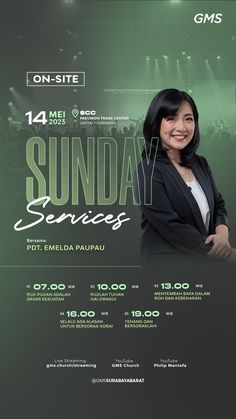 the poster for sunday services with an image of a woman in black jacket and white shirt