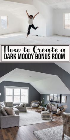 HOW TO CREATE A DARK AND MOODY BONUS ROOM ABOVE THE GARAGE Moody Bonus Room, Small Cute House, House Plans With Bonus Room, Flex Room Ideas, Bonus Room Above Garage