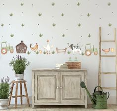 a wall with farm animals on it next to a potted plant