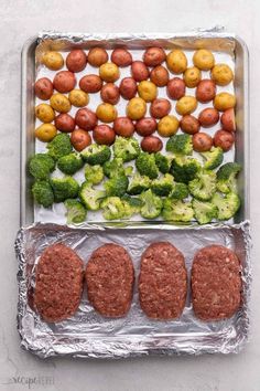 meatballs and broccoli are arranged on tin foil