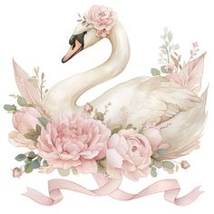 a white swan with pink flowers and ribbon