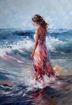 a painting of a woman standing in the ocean