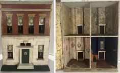 two different views of a doll house with furniture