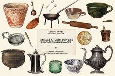 vintage kitchen supplies are displayed in an old - fashioned style frame with the words antique kitchen supplies printable on it