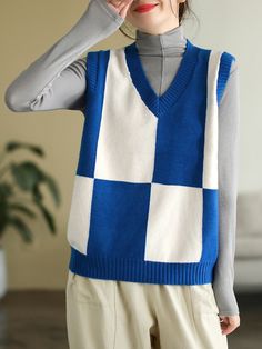 Item Code: 7036703965246 Material: Cotton Collar: V-neck Pattern: Plaid Highlight:Color matching Season: Winter,Autumn Washing Recommendations: At 40 or 60 degrees . Wash it with the colored laundry, add a colored detergent. Hand wash or machine wash. Casual Patchwork Sleeveless Sweater Vest, Casual White Patchwork Vest, White V-neck Tank Top For Winter, Blue V-neck Tank Top For Fall, Casual Sleeveless Patchwork Vest, Casual Blue Winter Tank Top, Trendy Sleeveless Blue Sweater, Casual Blue Tank Top For Winter, Trendy Blue Sleeveless Sweater