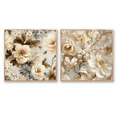 two paintings with flowers on the wall next to each other, one is white and the other is beige