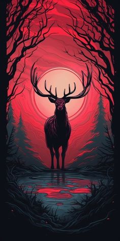 a deer standing in the middle of a forest under a red sky with trees and water