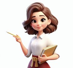 a cartoon character holding a book and pointing to the side with her finger in one hand