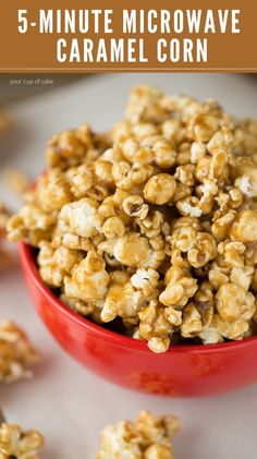 a red bowl filled with caramel popcorn on top of a white counter next to other items