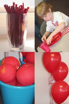 there are three pictures with red balloons in the middle and one has a blue bucket full of strawberries