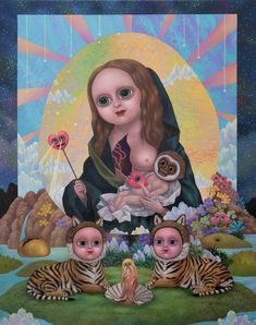 a painting of a woman holding two baby tigers