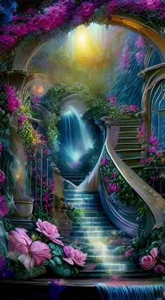 a painting of stairs leading up to a waterfall with pink flowers and greenery on either side