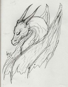 an ink drawing of a dragon with wings