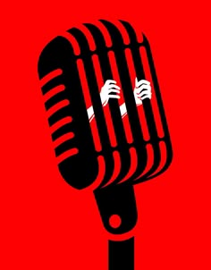 a black and red microphone with two hands on the top, against a red background