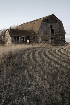 an old abandoned farm house sitting in the middle of a dry grass field with no leaves on it